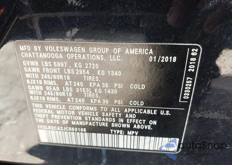 2018 Volkswagen Atlas 3.6L V6 Se/3.6L V6 Se W/Technology z USA, uszkodzony, nr VIN 1V2LR2CA2JC553105